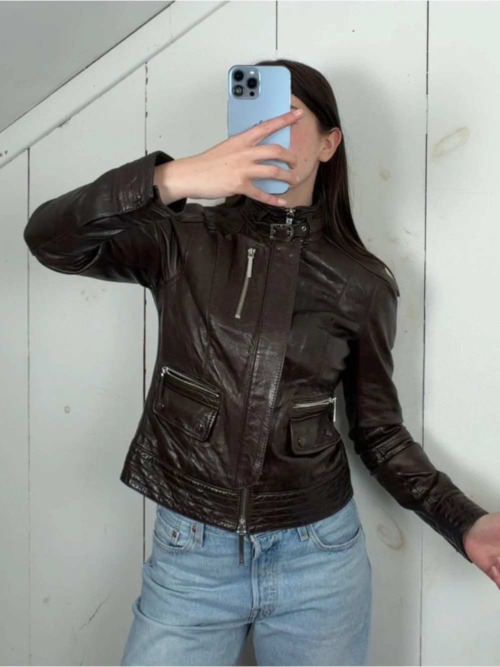Tory Burch Brown Leather Moto Jacket Women’s Size 2 XS/S Buckle Funnel Neck Y2K